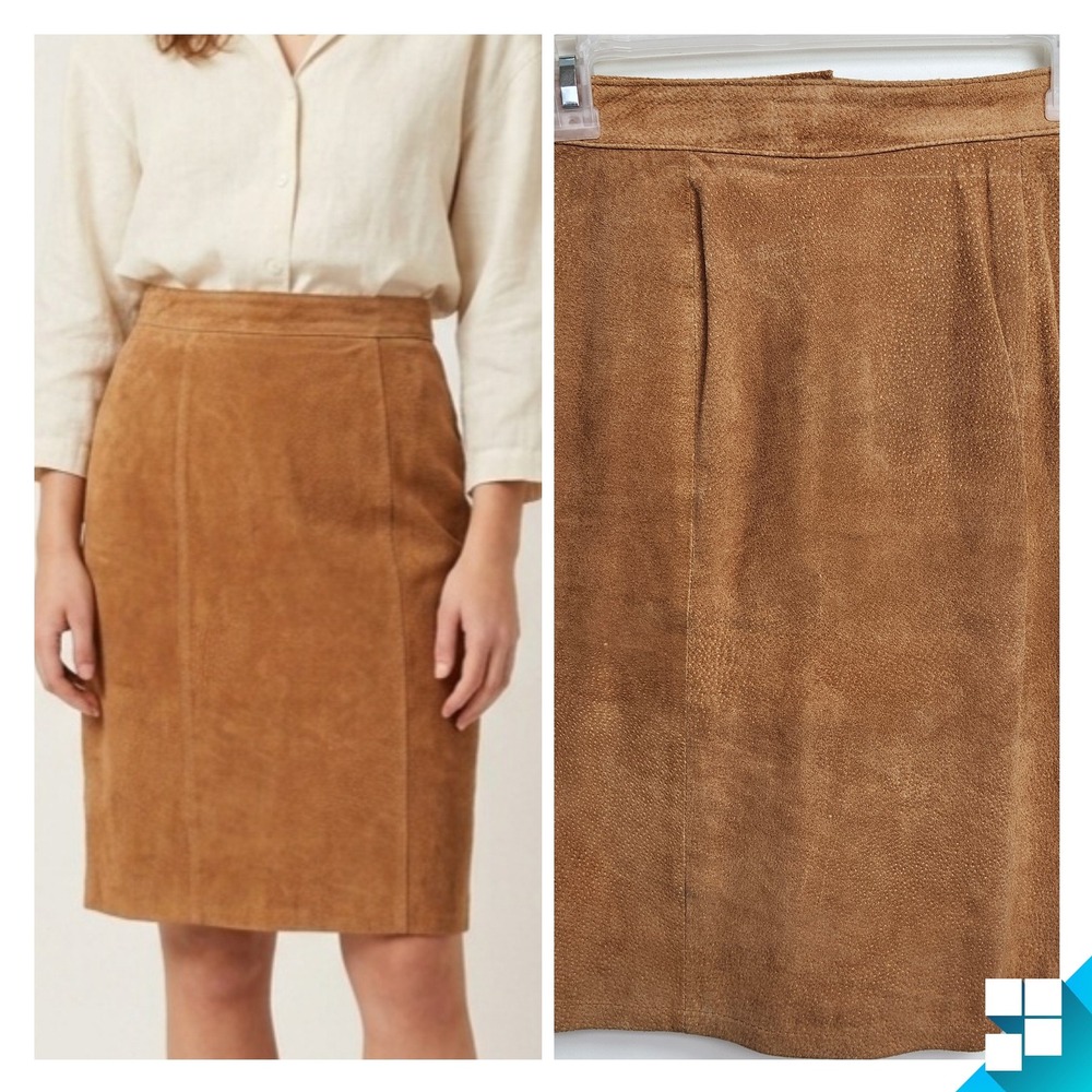 90s Western Cottage Indie Vintage Tan Suede Leather Pencil Skirt Brown